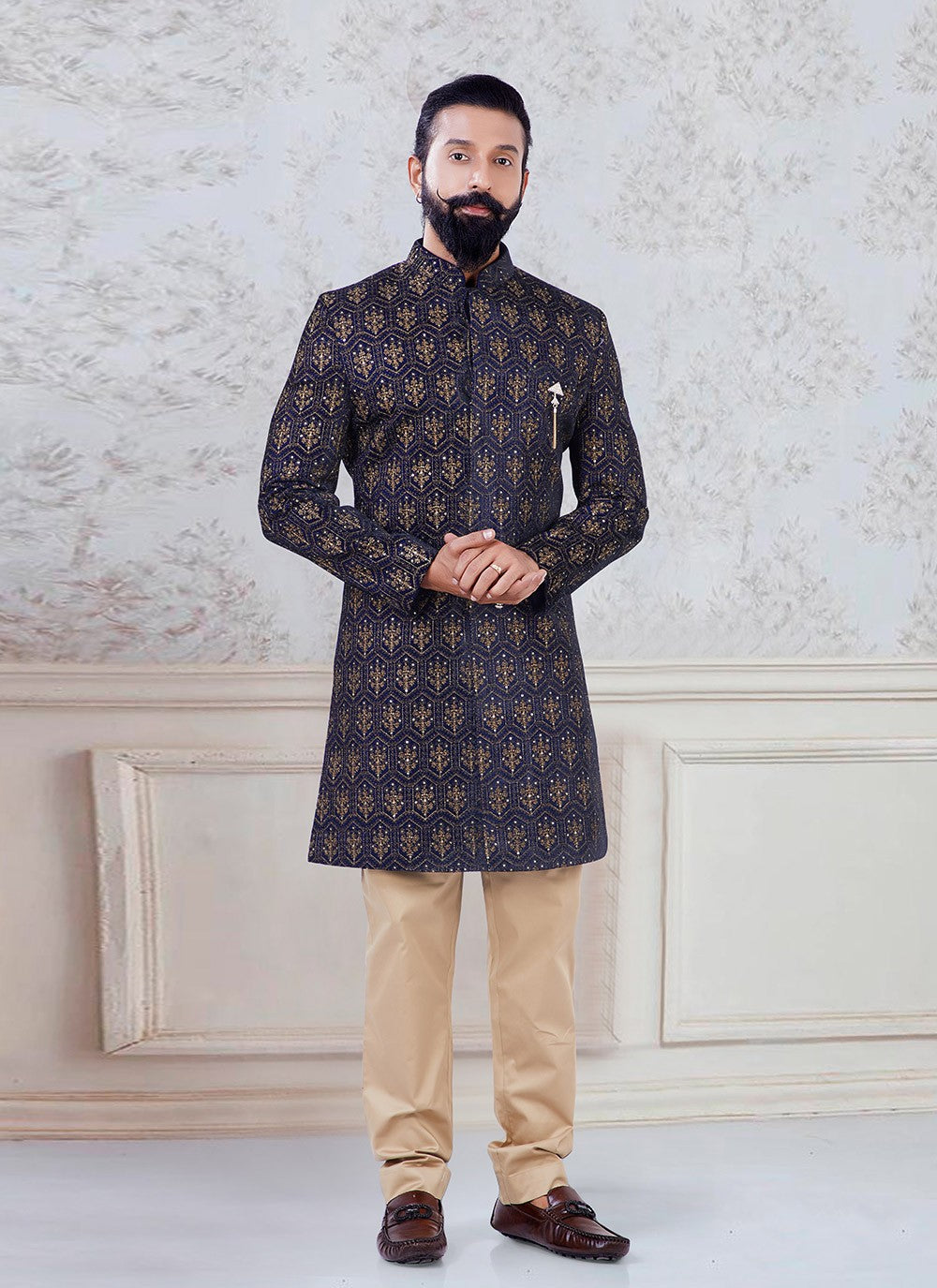 Embroidered Velvet Blue Indo Western - M3127