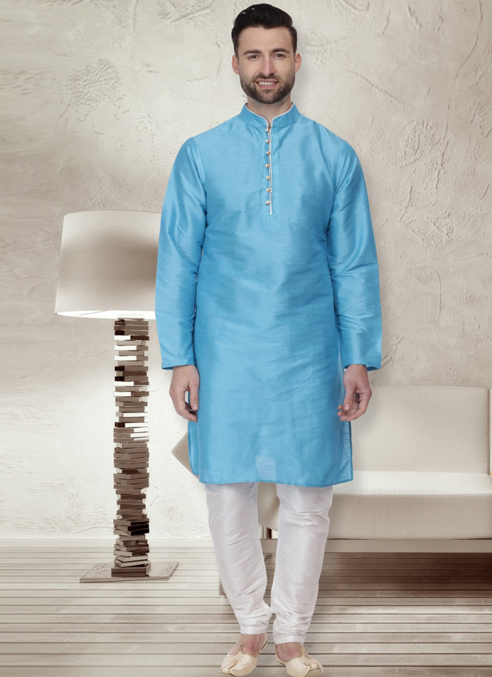 Patch Dupion Silk Blue Kurta Pyjama - M1070