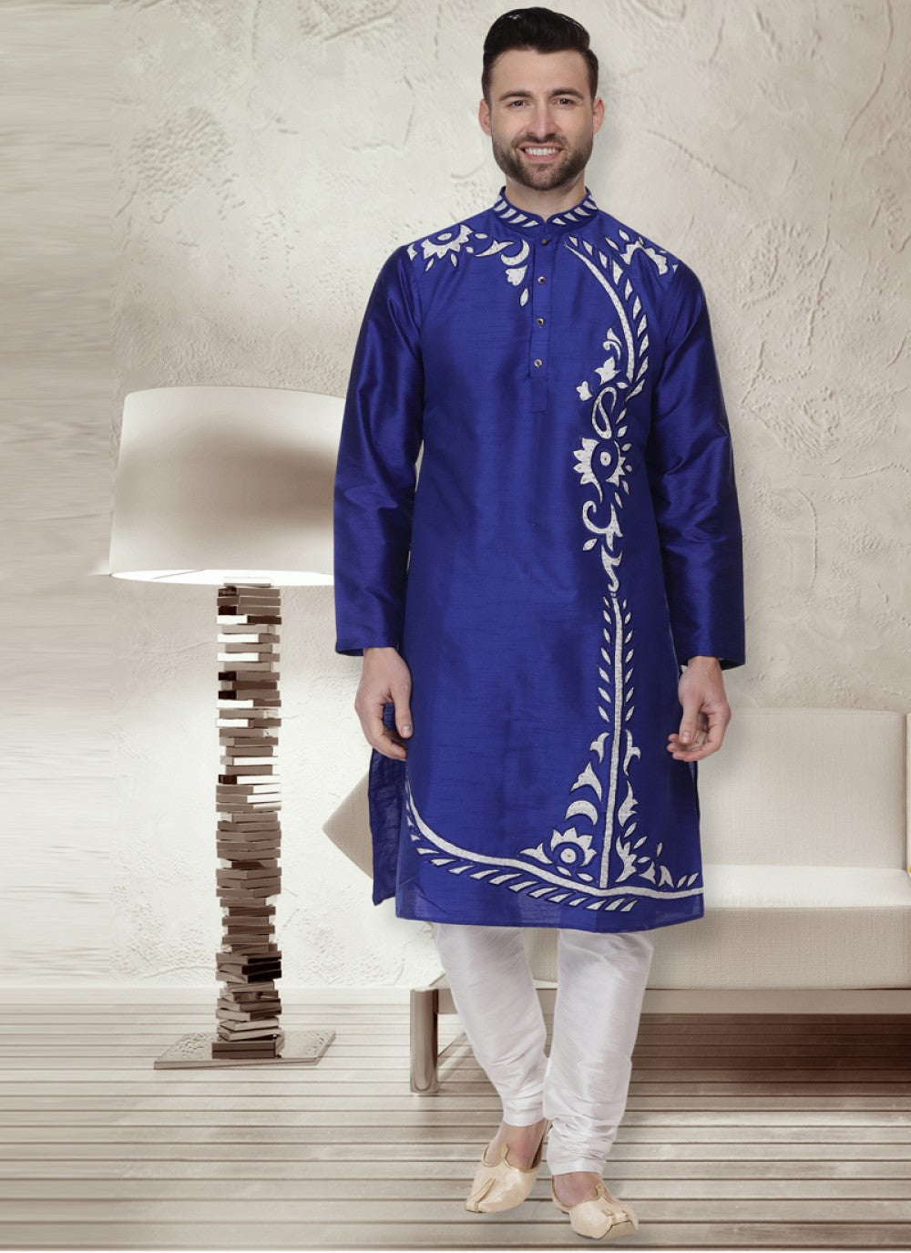 Patch Dupion Silk Blue Kurta Pyjama - M1071