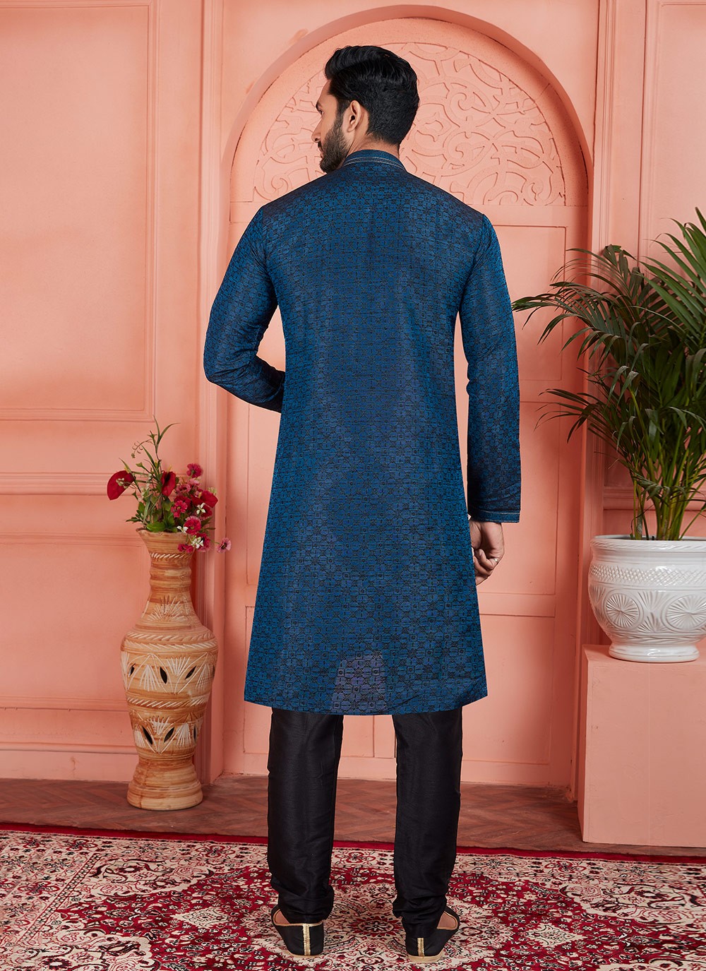 Pintex Brocade, Jacquard Silk Blue Kurta Pyjama - M7755