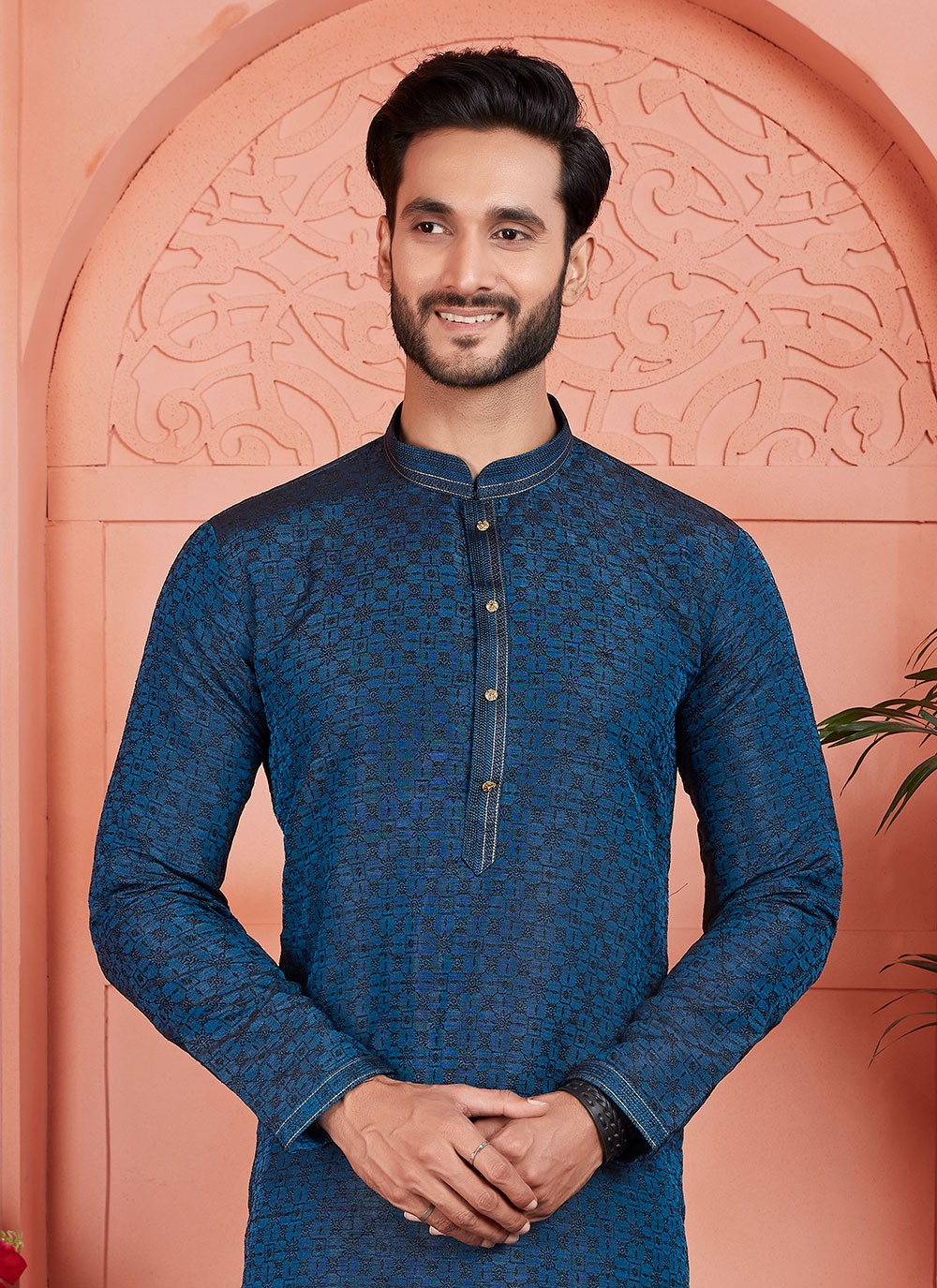 Pintex Brocade, Jacquard Silk Blue Kurta Pyjama - M7755