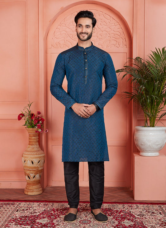 Pintex Brocade, Jacquard Silk Blue Kurta Pyjama - M7755