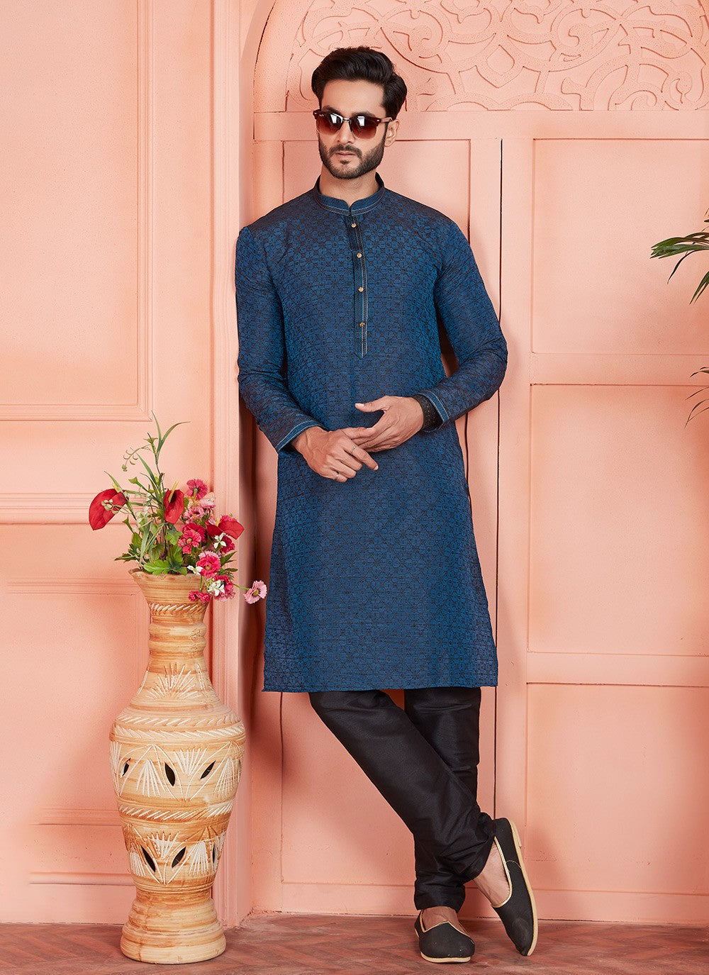 Pintex Brocade, Jacquard Silk Blue Kurta Pyjama - M7755