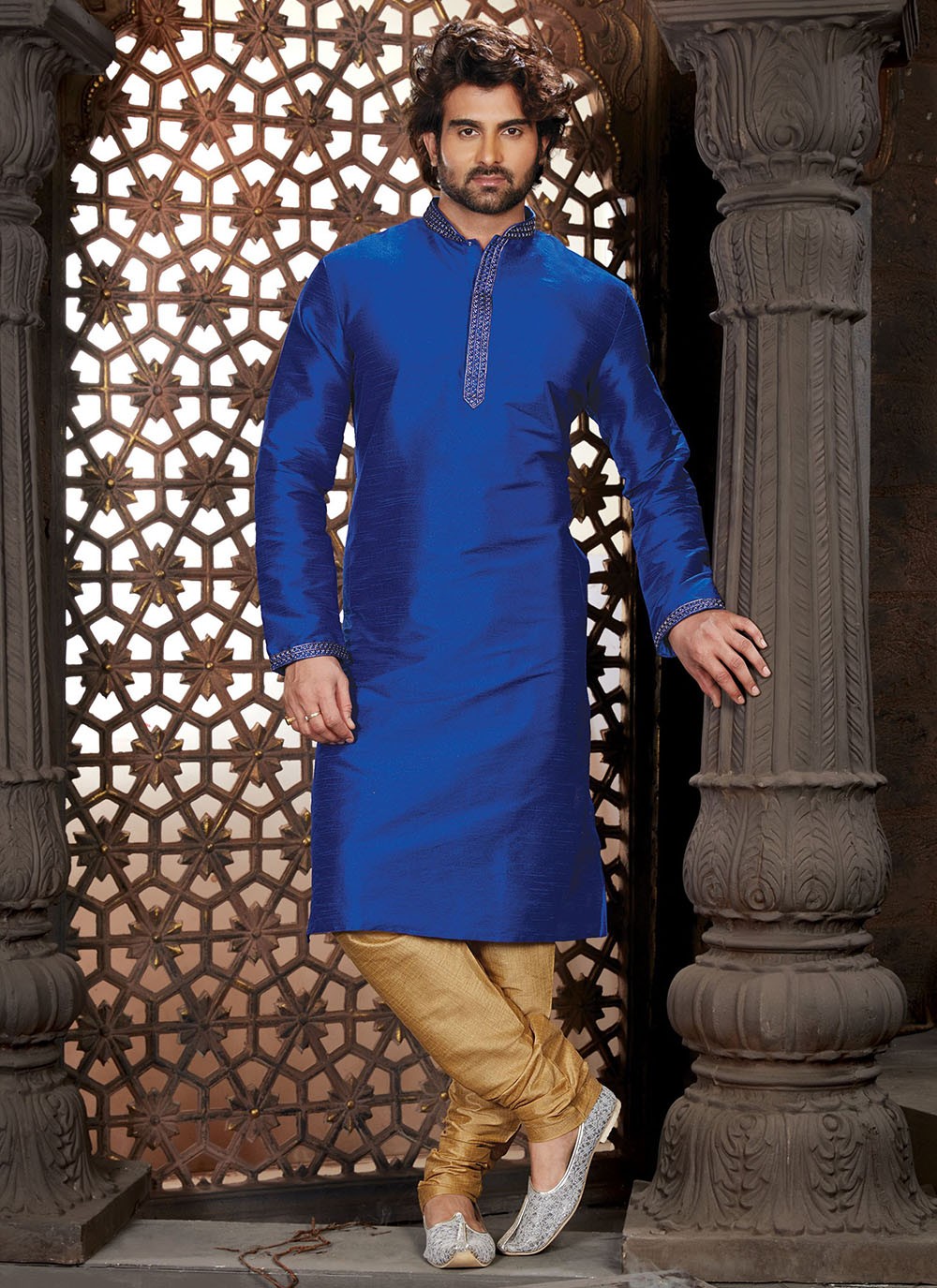 Plain Dupion Silk Blue Kurta Pyjama - M2119