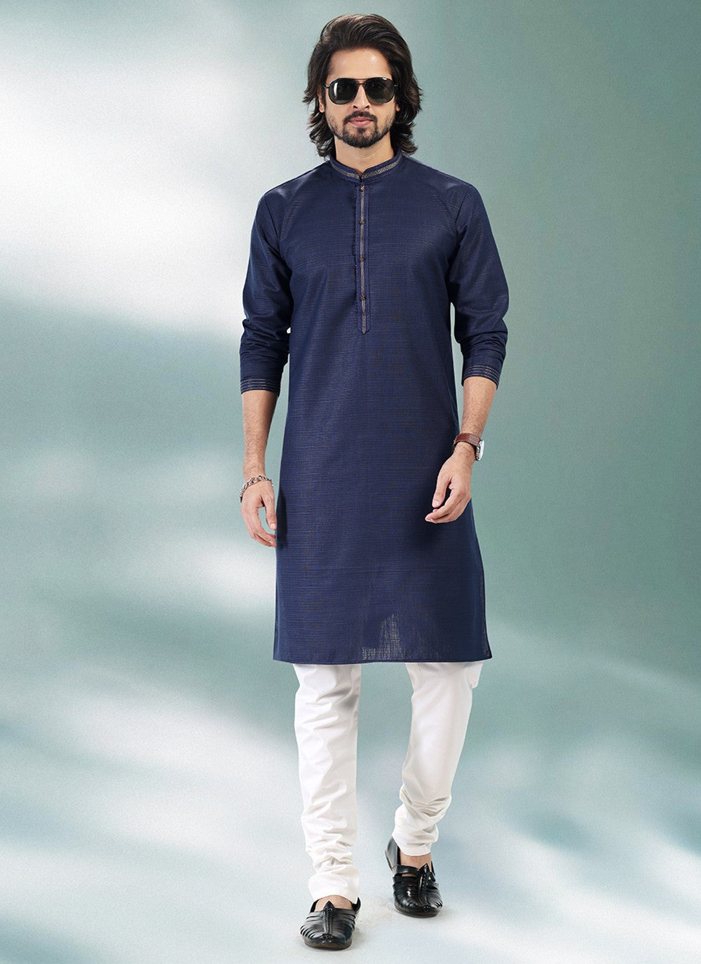 Plain Cotton , Linen Blue Kurta Pyjama - M4912