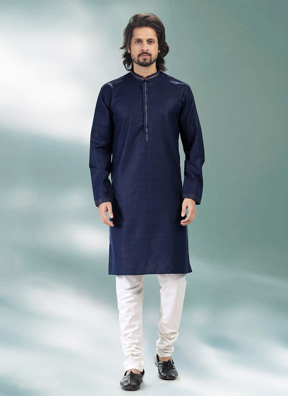 Plain Cotton , Linen Blue Kurta Pyjama - M4912