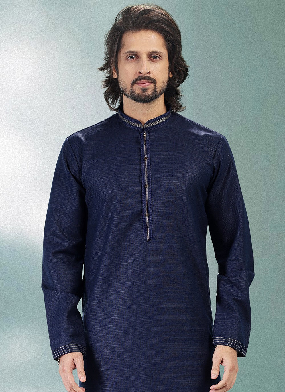 Plain Cotton , Linen Blue Kurta Pyjama - M4912