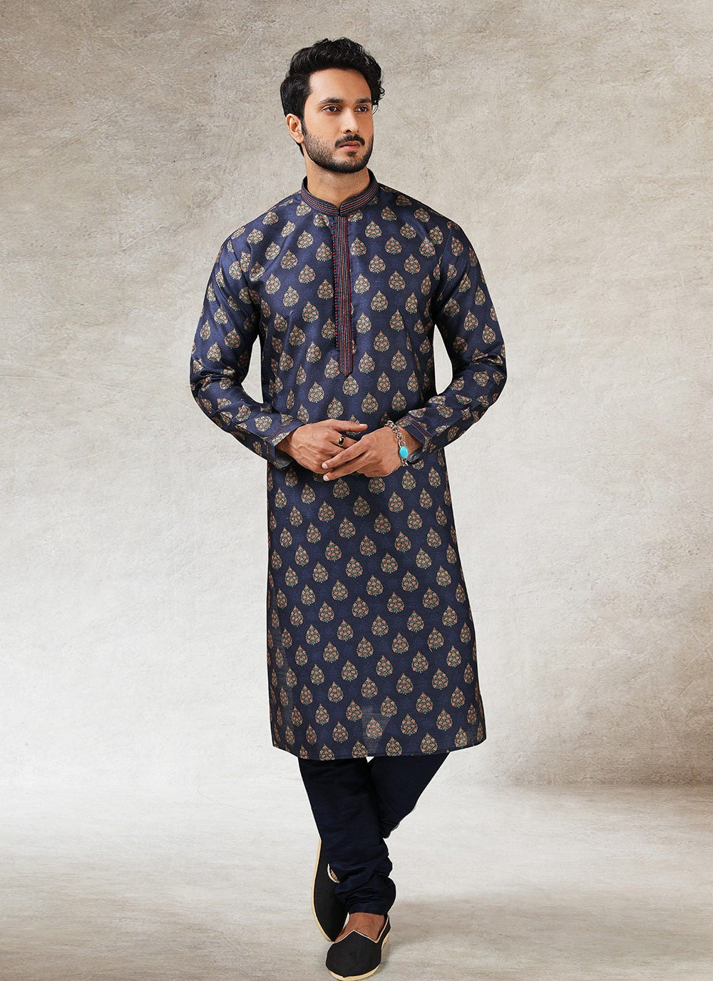 Printed Art Silk Blue Kurta Pyjama - M2866