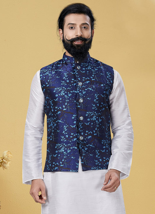 Printed Silk Blue Nehru Jackets - M1867