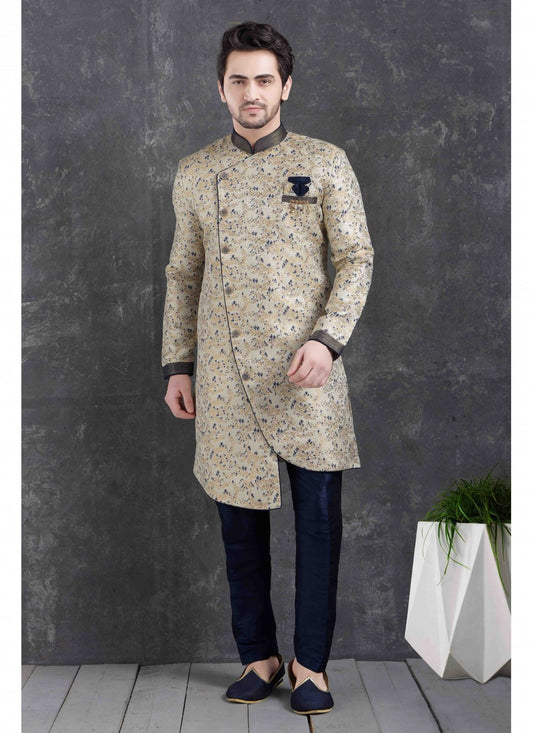 Printed Jacquard Silk Cream Indo Western - M1787