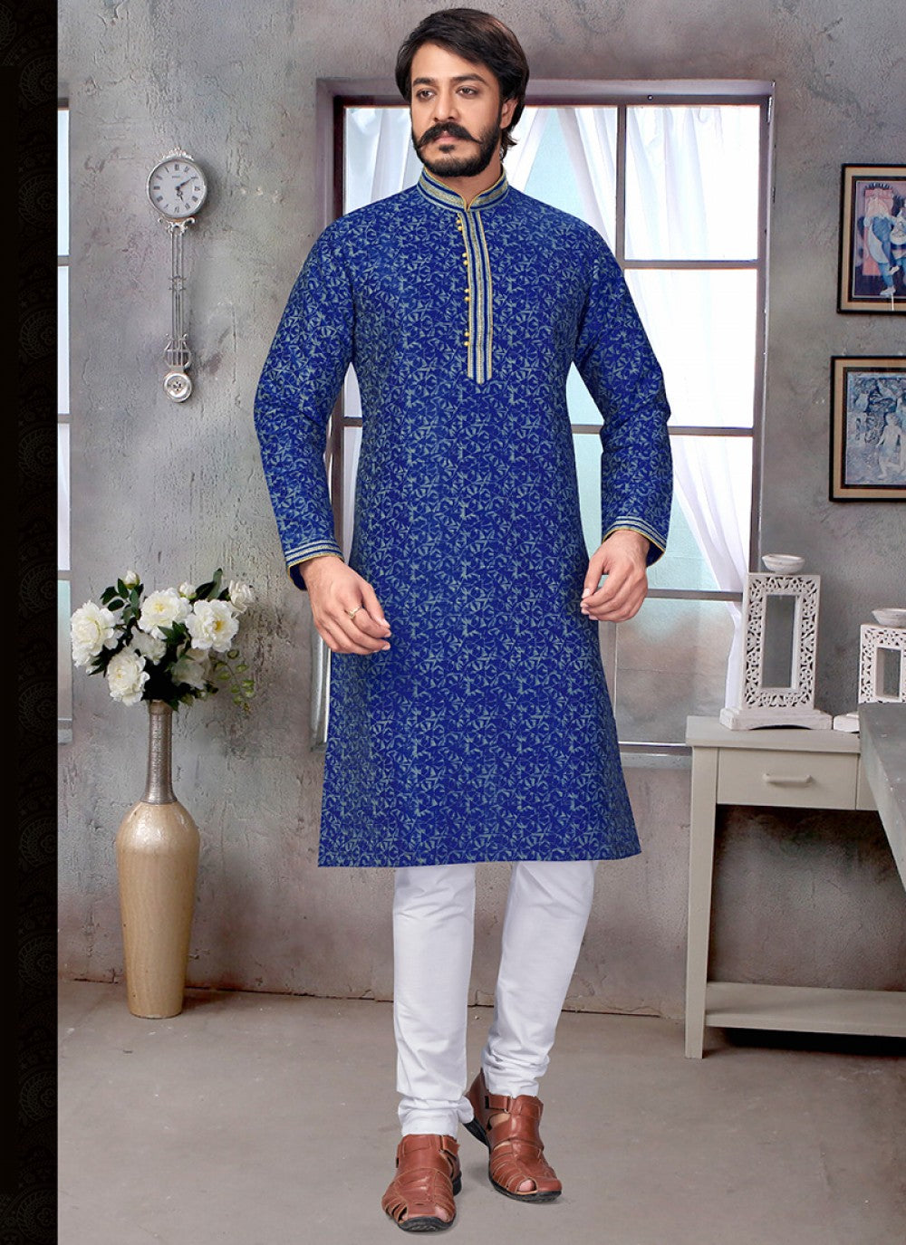 Printed Jacquard Silk Blue Kurta Pyjama - M1885