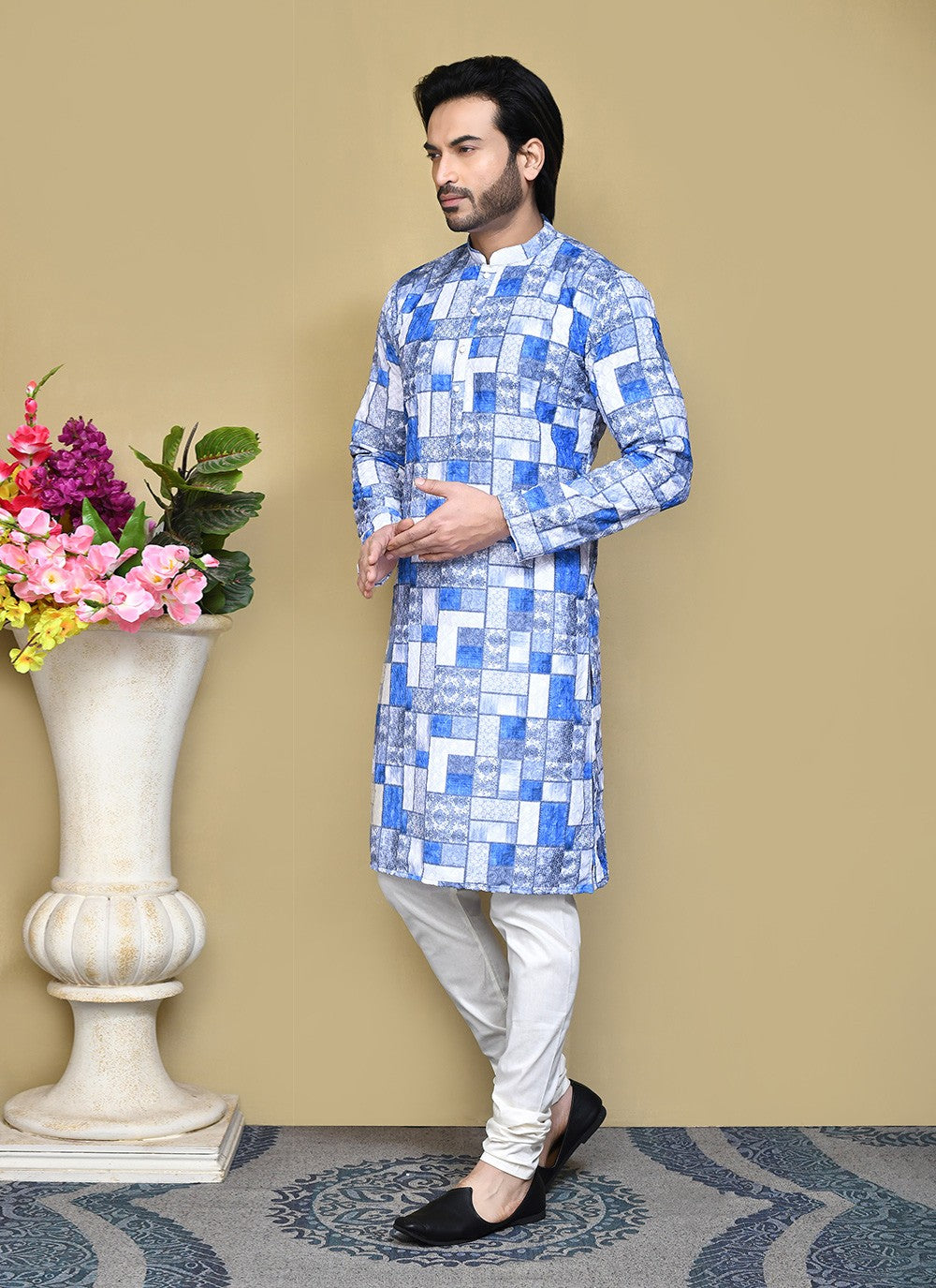 Printed Cotton Blue Kurta Pyjama - M7788