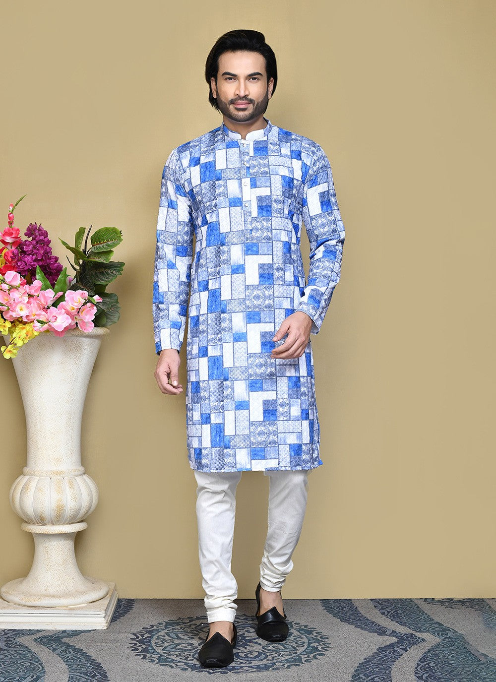 Printed Cotton Blue Kurta Pyjama - M7788