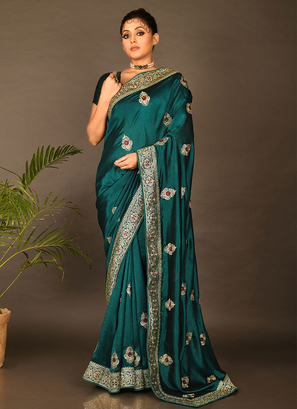 Trendy Embroidered Kanchipuram Silk Saree - S1707