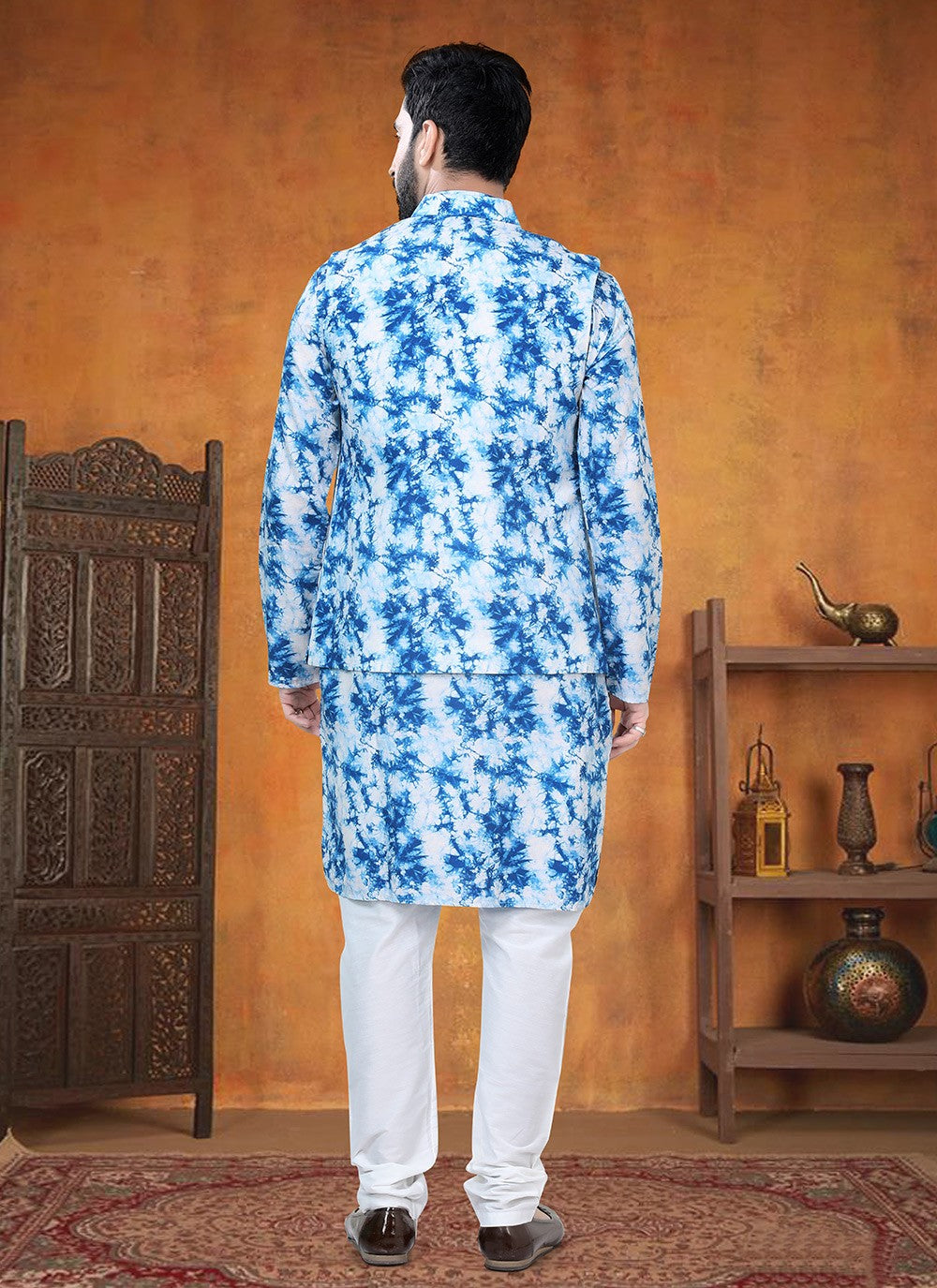 Printed Cotton Blue Kurta Payjama With Jacket - M8777