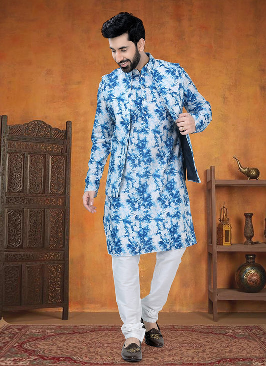 Printed Cotton Blue Kurta Payjama With Jacket - M8777