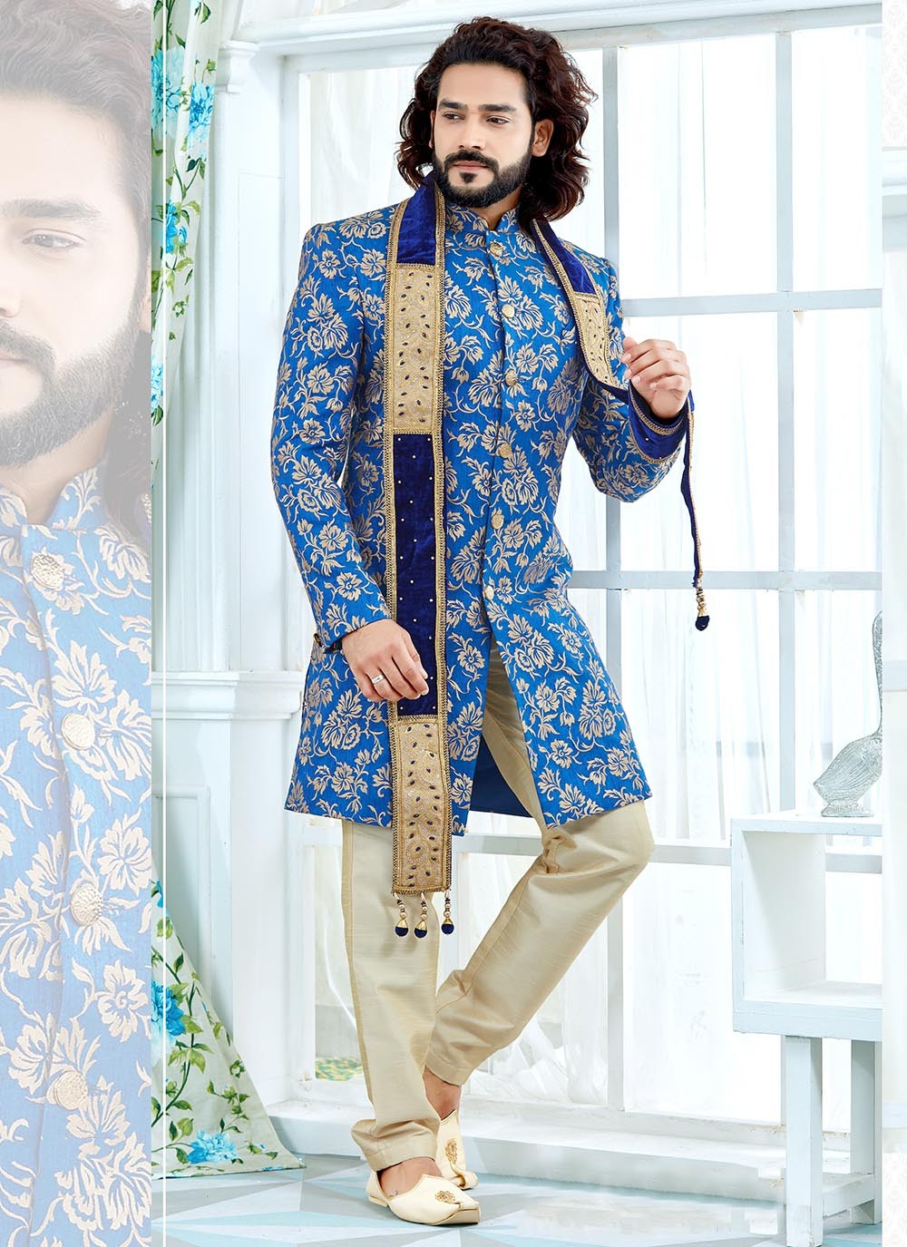 Embroidered Banglori Silk Blue Indo Western Sherwani - M2111