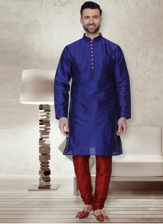 Embroidered Dupion Silk Blue Kurta Pyjama - M1078