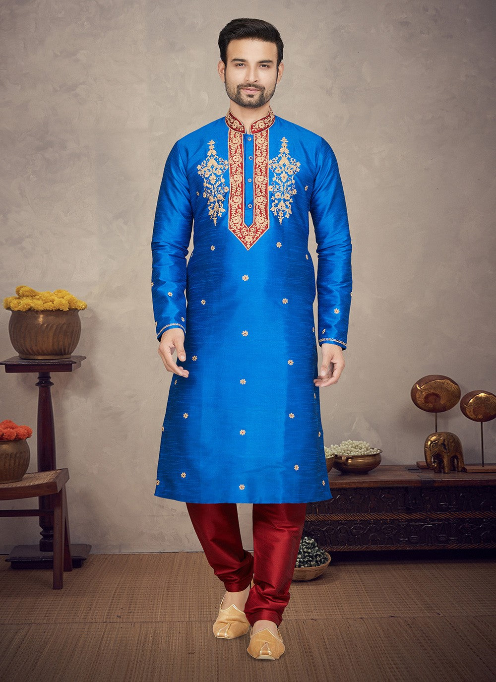 Embroidered Art Silk Blue Kurta Pyjama - M5870