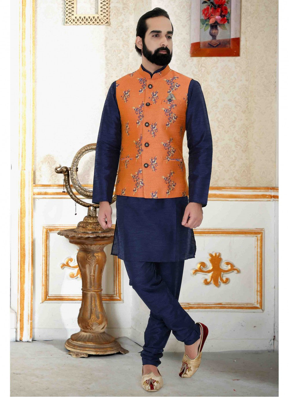 Weaving Zari Polly Cotton Blue Kurta Payjama With Jacket - M1545