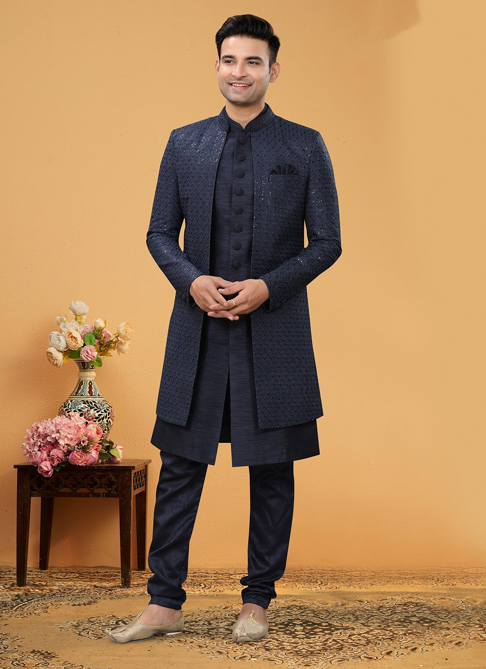 Hand Embroidery Art Silk Blue Indo Western Sherwani - M5150