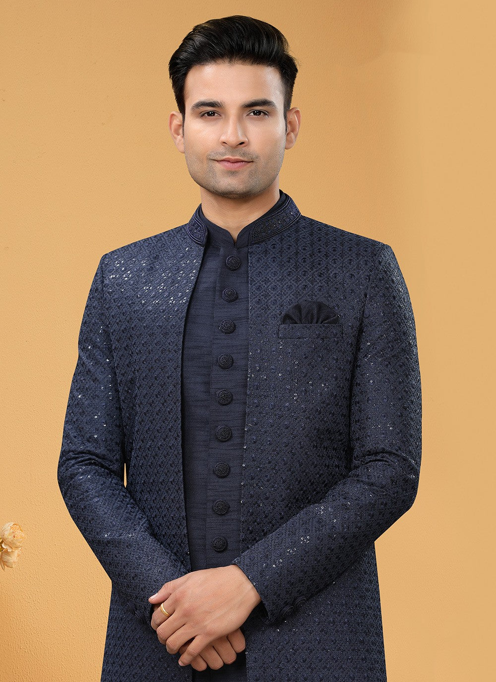 Hand Embroidery Art Silk Blue Indo Western Sherwani - M5150