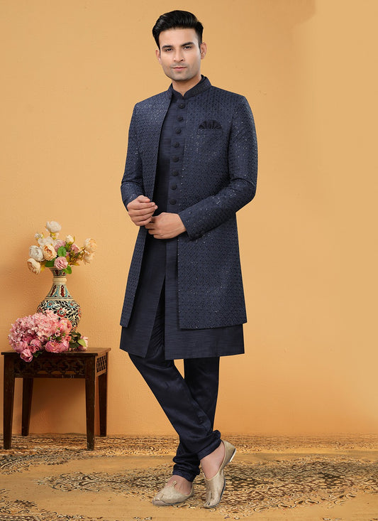 Hand Embroidery Art Silk Blue Indo Western Sherwani - M5150