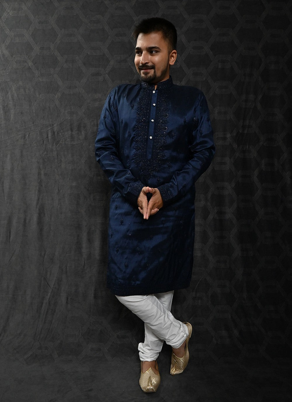 Embroidered Silk Blue Kurta Pyjama - M6204