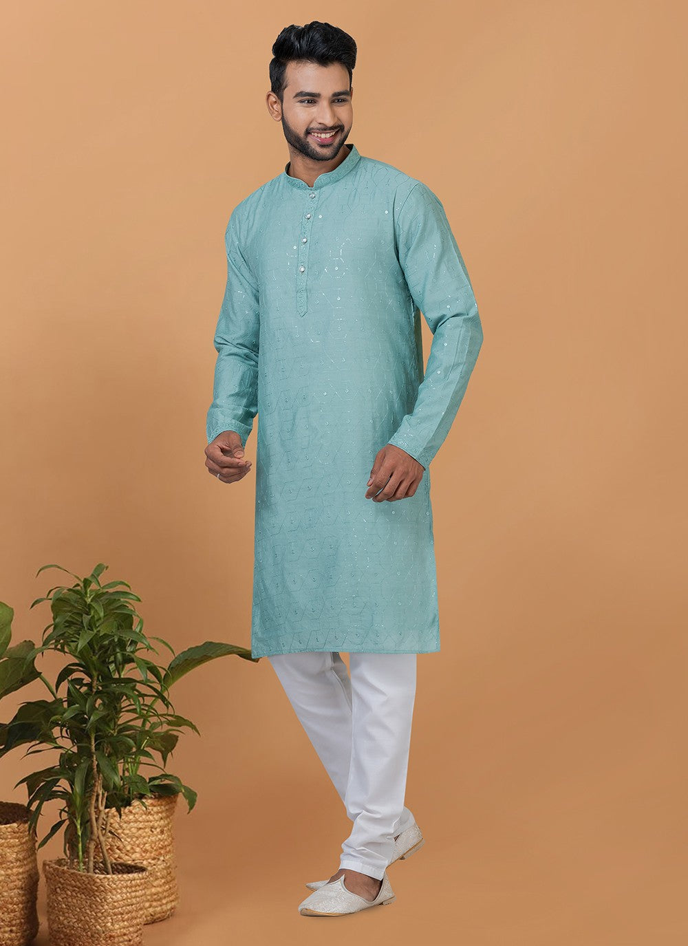 Embroidered Cotton , Viscose Blue Kurta Pyjama - M6350