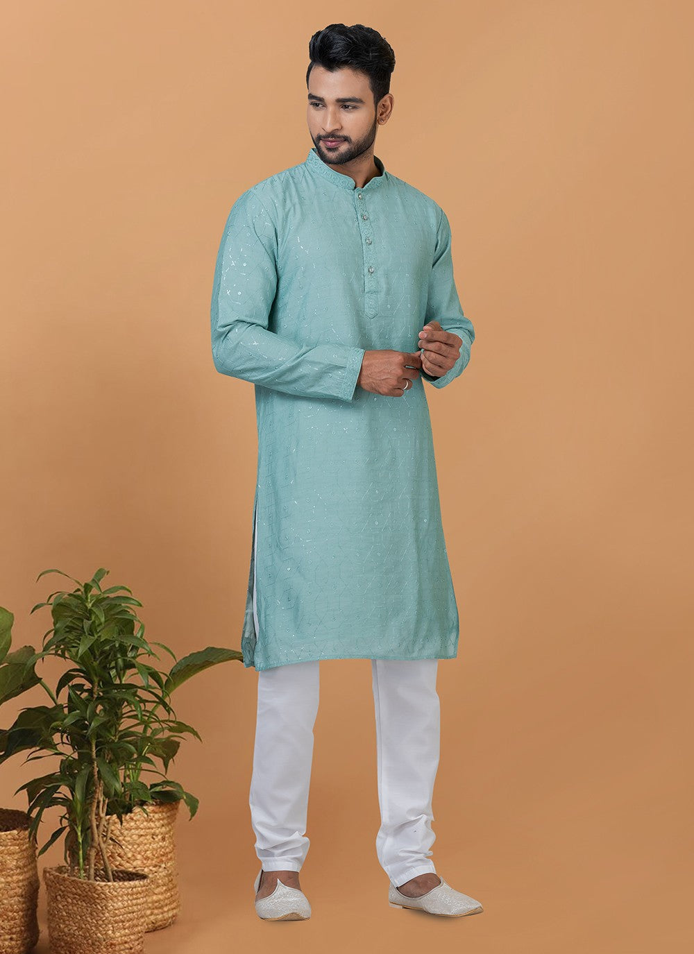 Embroidered Cotton , Viscose Blue Kurta Pyjama - M6350