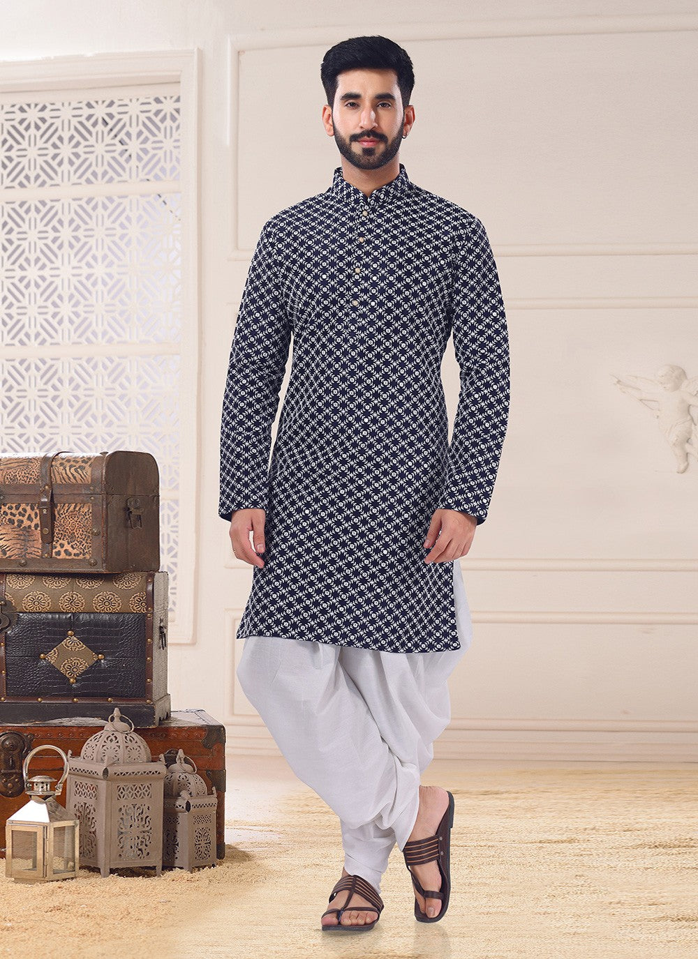 Embroidered Silk Blue Dhoti Kurta - M4724