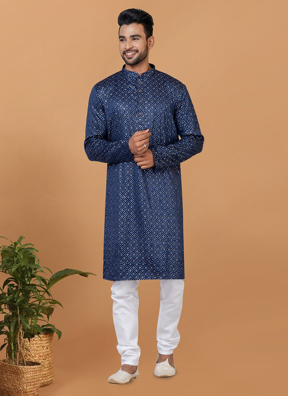 Embroidered Silk Blue Kurta Pyjama - M6243