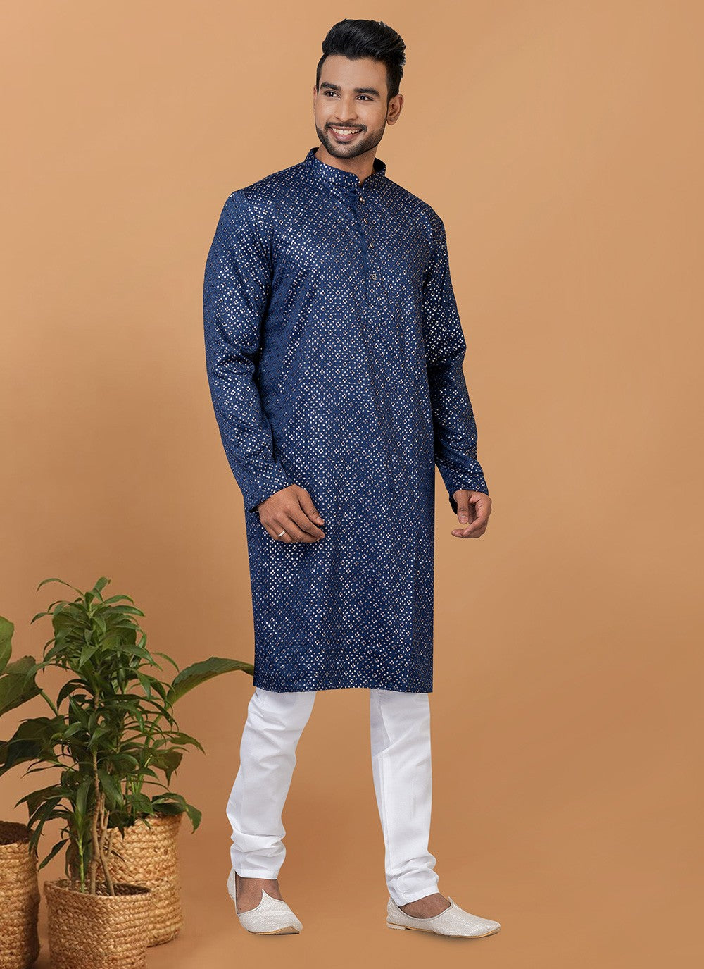 Embroidered Silk Blue Kurta Pyjama - M6243