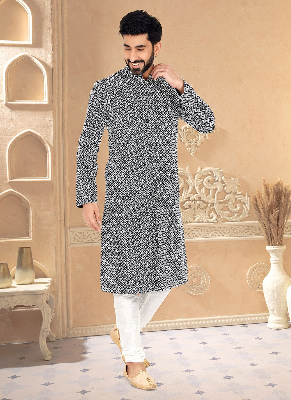 Embroidered Silk Blue Kurta Pyjama - M4969