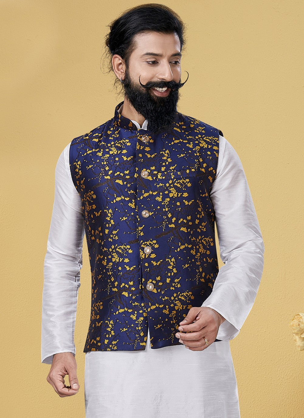 Printed Silk Blue Nehru Jackets - M1866