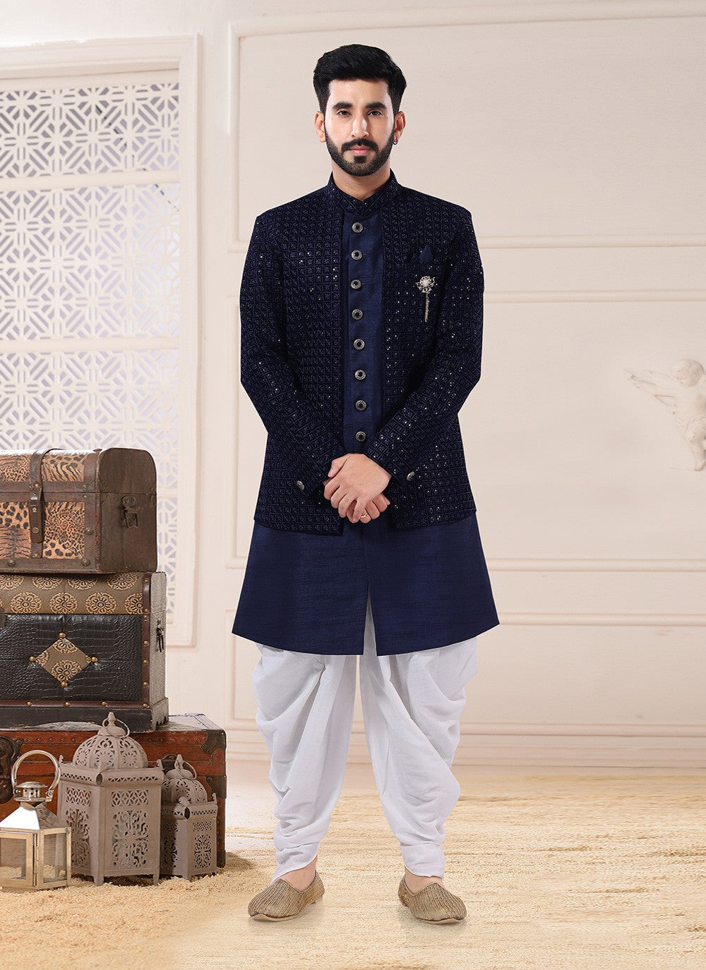 Embroidered Silk, Velvet Blue Indo Western Sherwani - M4682