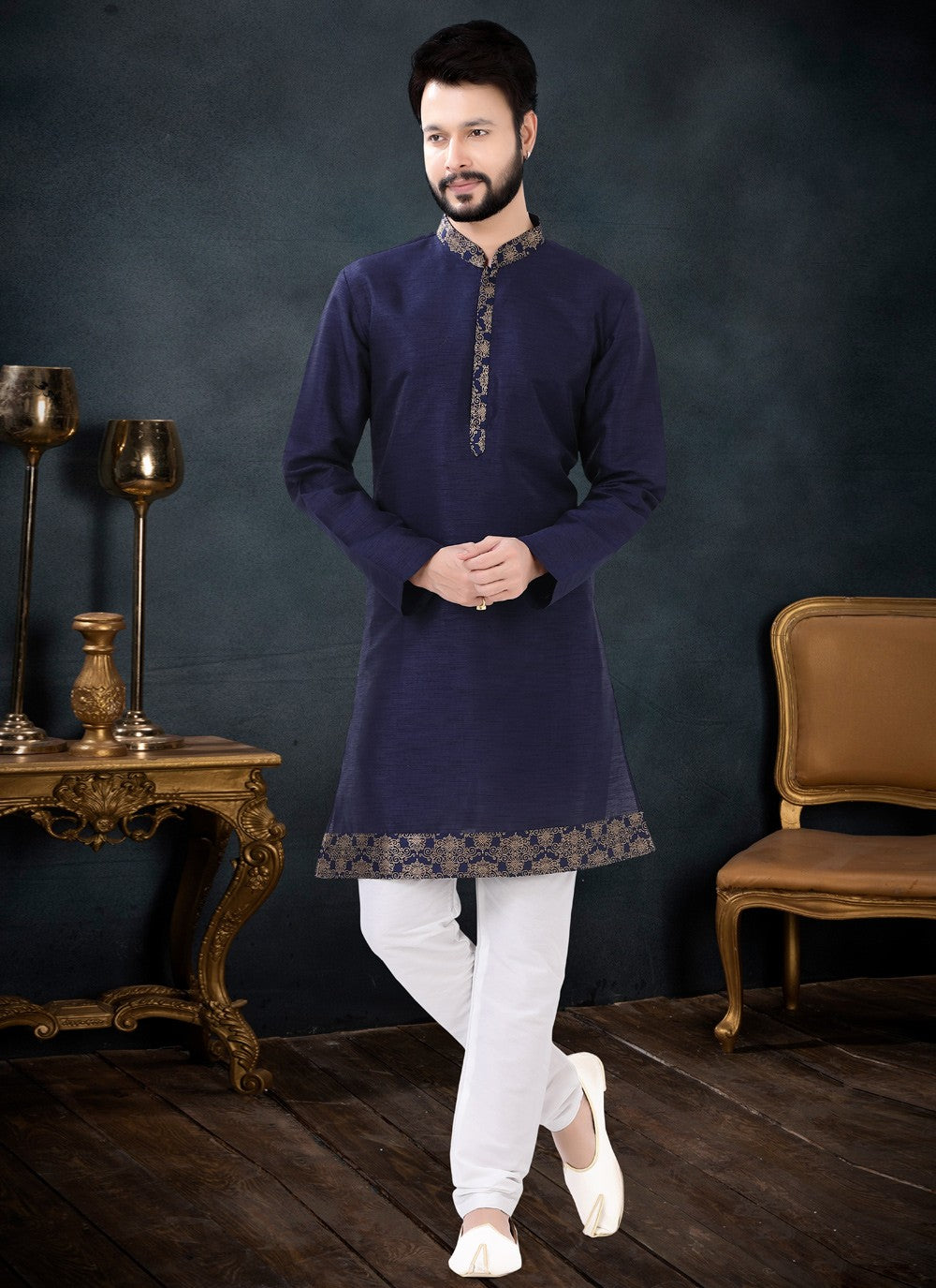 Patch Border Silk Blue Kurta Pyjama - M4447