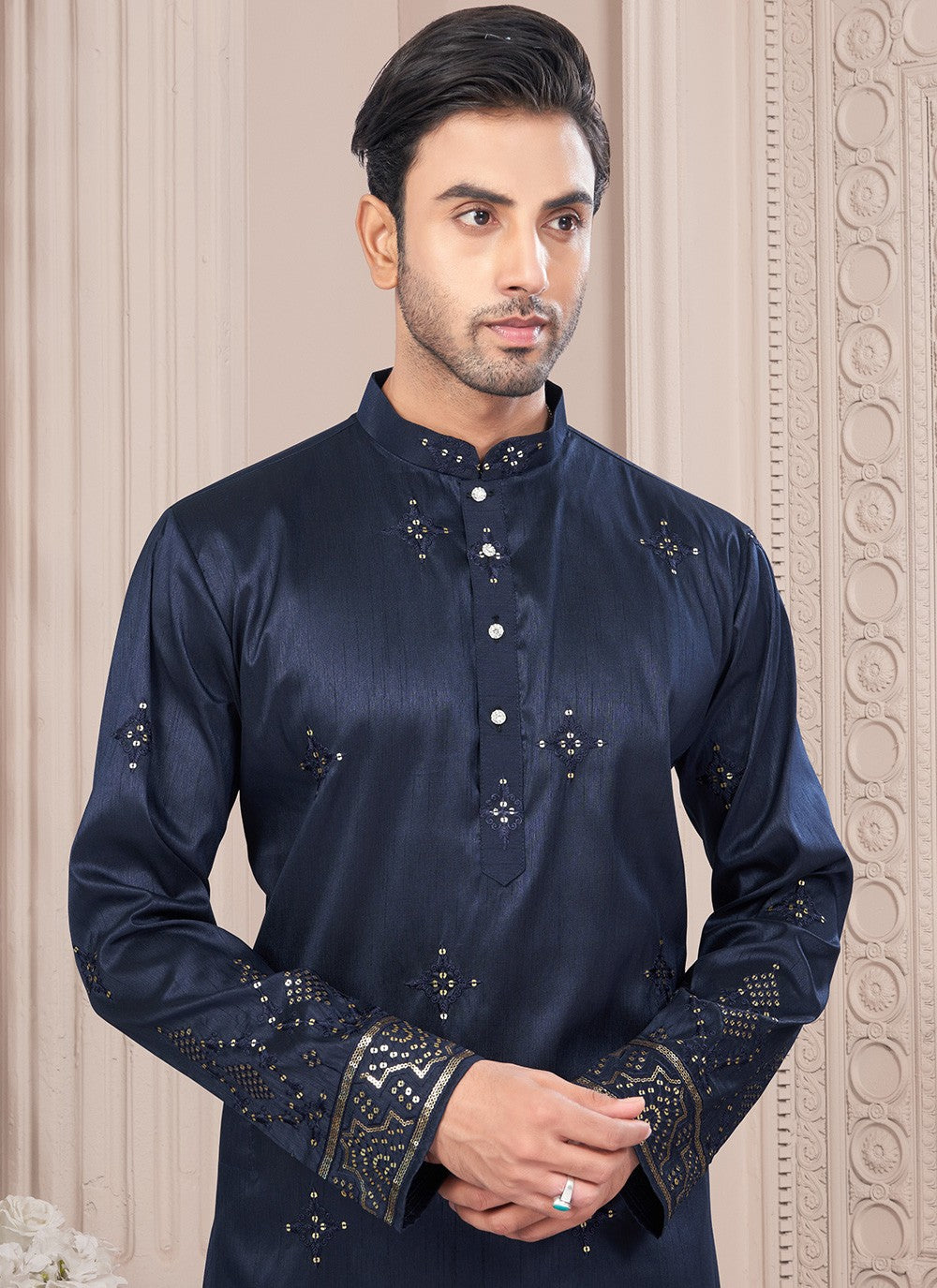 Machine Embroidery Silk Blue Kurta Pyjama - M8714