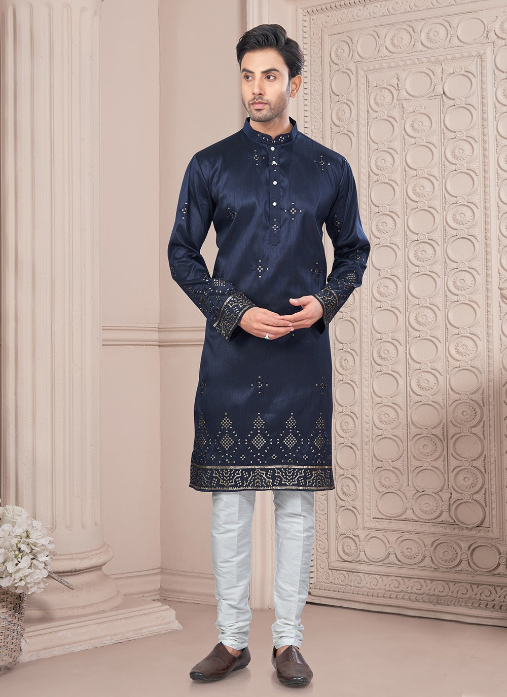 Machine Embroidery Silk Blue Kurta Pyjama - M8714