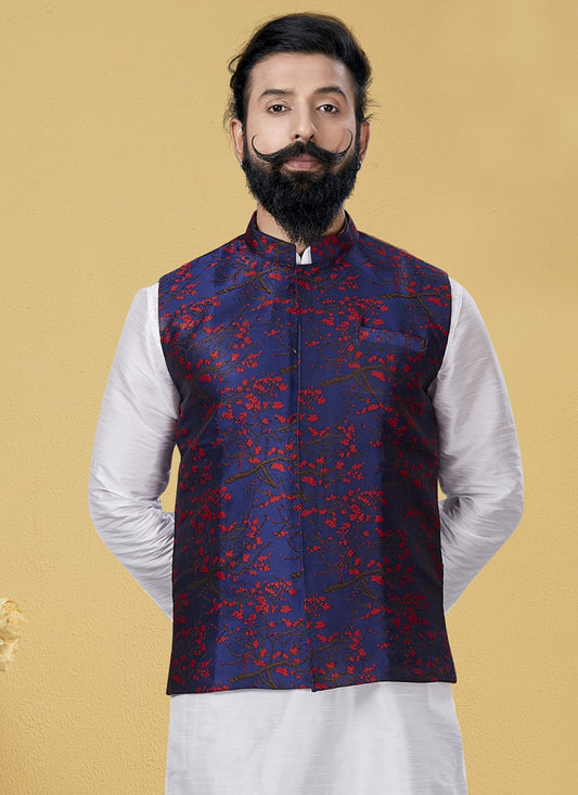 Printed Silk Blue Nehru Jackets - M1865