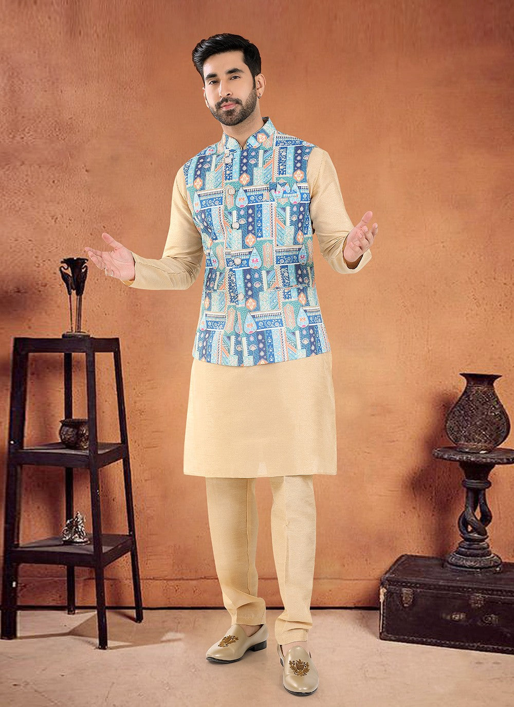 Embroidered Silk Blue Kurta Payjama With Jacket - M8135