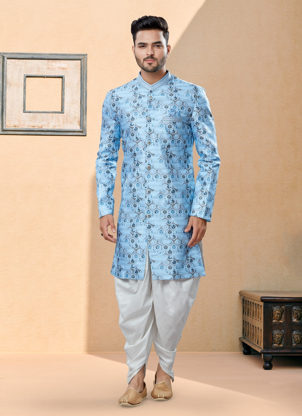 Digital Print Jacquard Blue Indo Western Sherwani - M3879