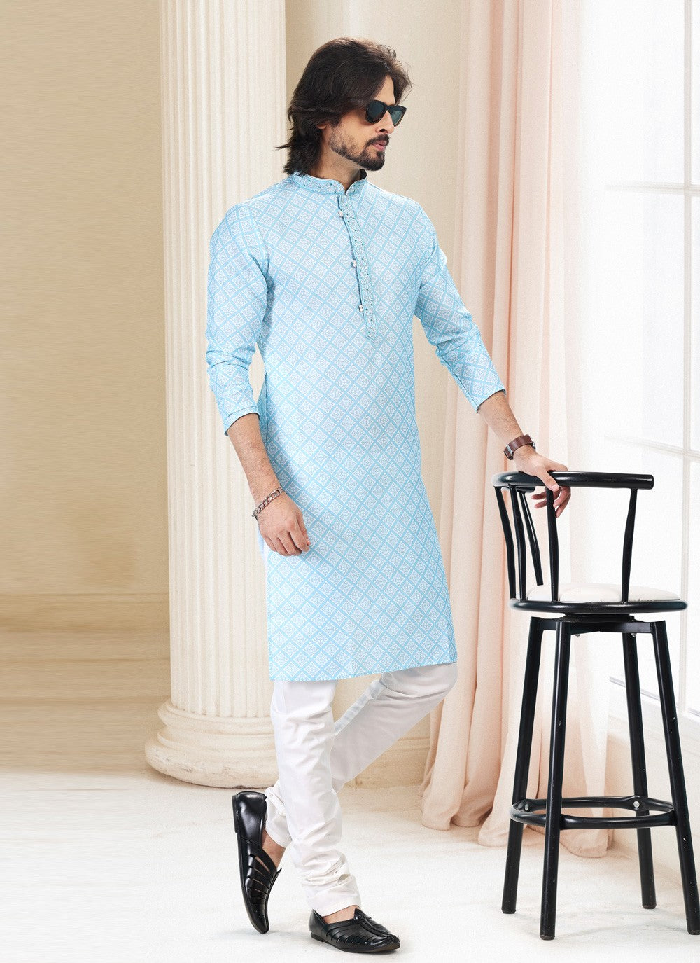 Fancy Work Cotton Blue Kurta Pyjama - M5125