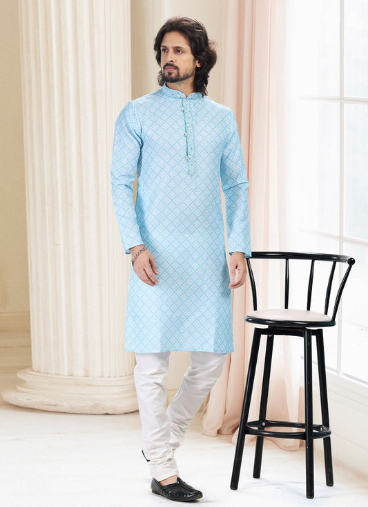 Fancy Work Cotton Blue Kurta Pyjama - M5125