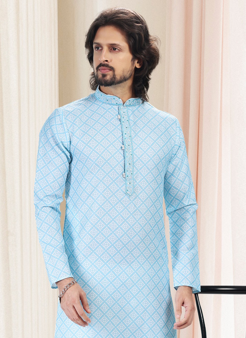 Fancy Work Cotton Blue Kurta Pyjama - M5125