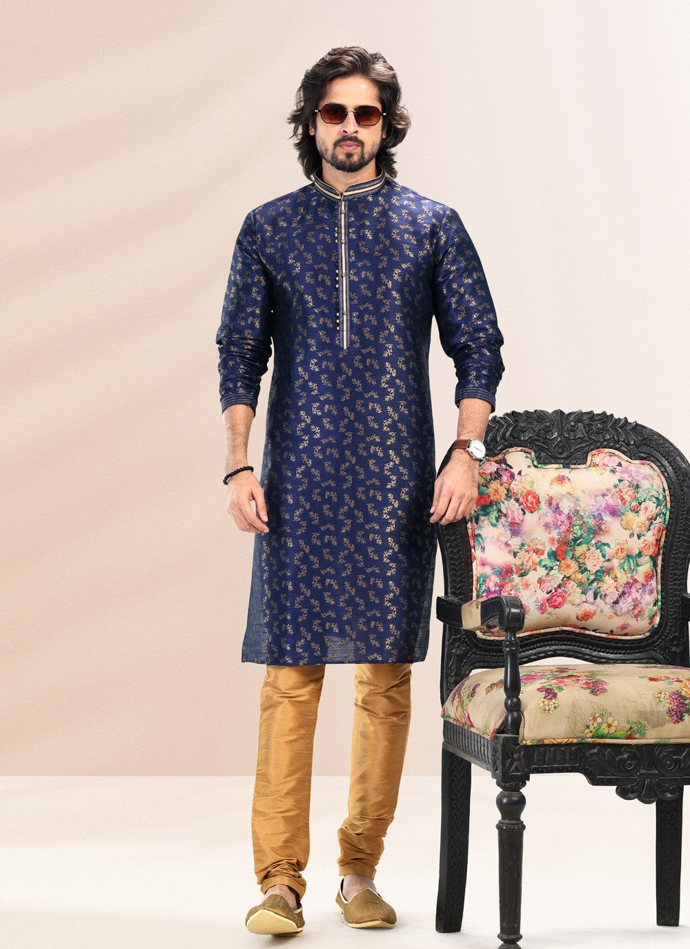 Fancy Work Banarasi Silk, Jacquard Blue Kurta Pyjama - M4834