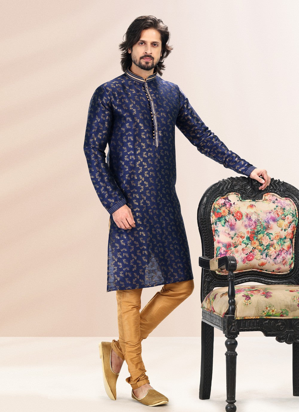 Fancy Work Banarasi Silk, Jacquard Blue Kurta Pyjama - M4834