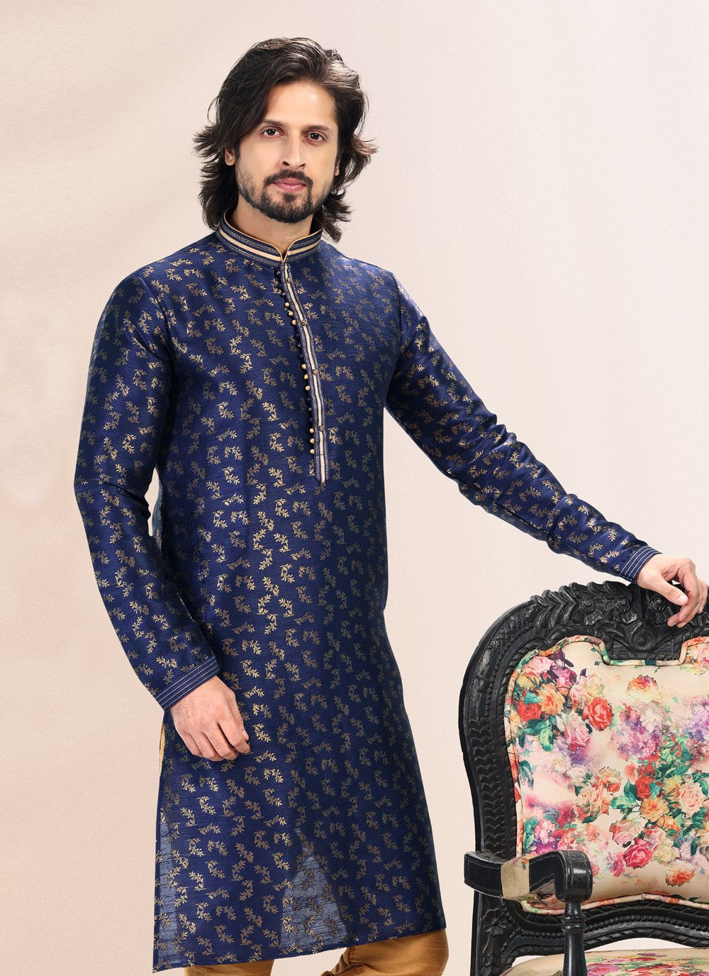 Fancy Work Banarasi Silk, Jacquard Blue Kurta Pyjama - M4834