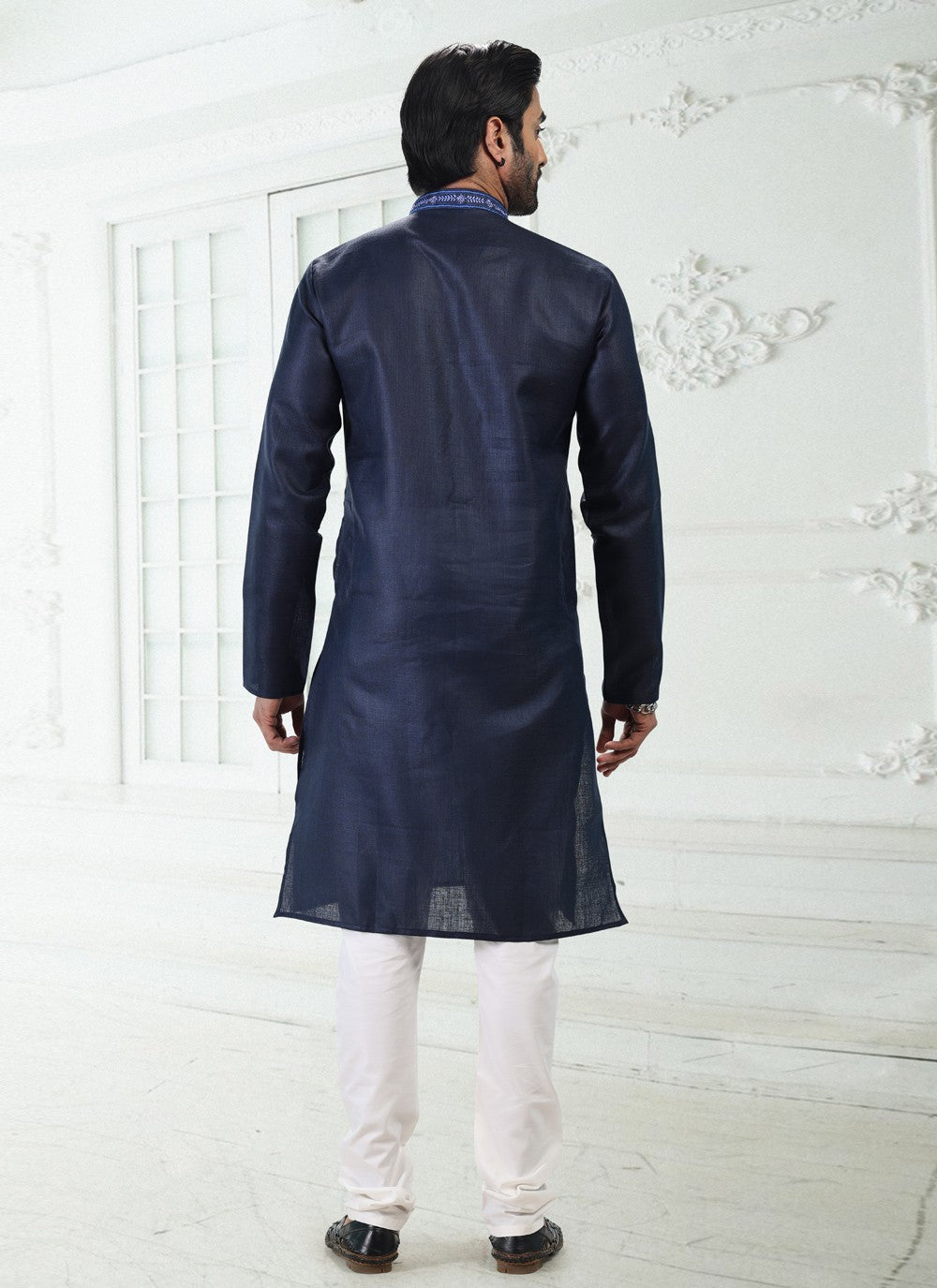 Thread Cotton , Linen Blue Kurta Pyjama - M4891