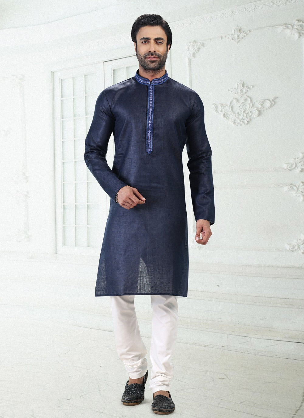 Thread Cotton , Linen Blue Kurta Pyjama - M4891